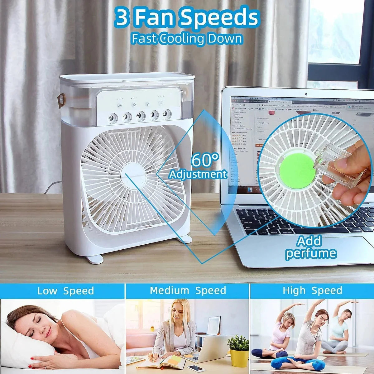 Portable Air Cooler Fan, Mini Air Conditioner, 3in1 Air Cooler - Ideal For Home, Office, Camping, Kitchen & Desk Use, Usb Electric Fan With Led Night Light, Fine Mist Water