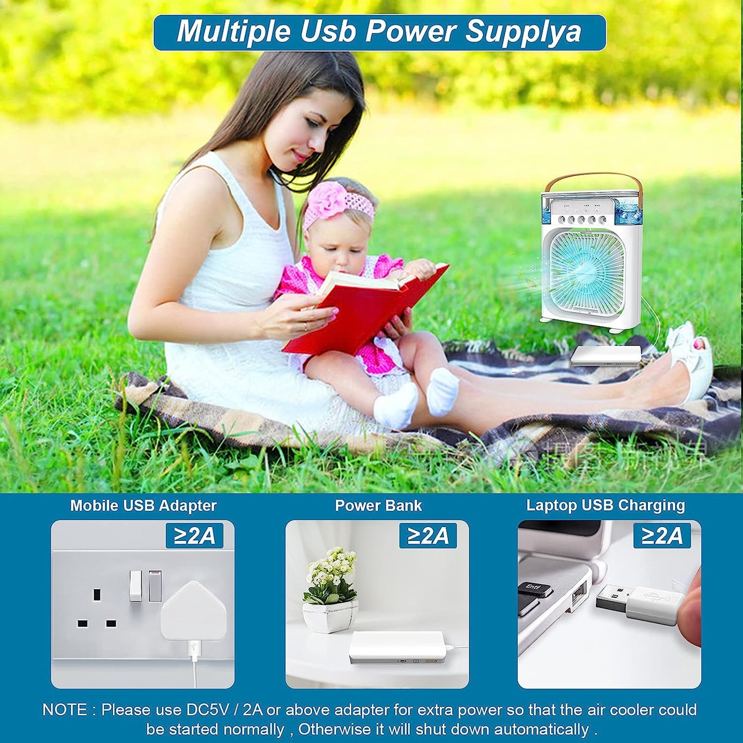 Portable Air Cooler Fan, Mini Air Conditioner, 3in1 Air Cooler - Ideal For Home, Office, Camping, Kitchen & Desk Use, Usb Electric Fan With Led Night Light, Fine Mist Water